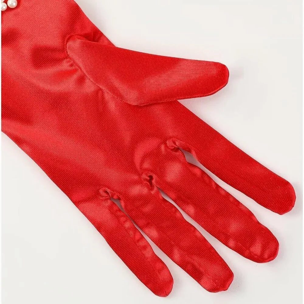 Women's Purple Satin Pearl Short Length Wrist Gloves Wedding Banquet Party Prom
